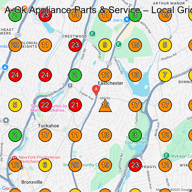 A-Ok Appliance Parts & Service Appliance Repair Service GeoGrid ranking map for Eastchester NY